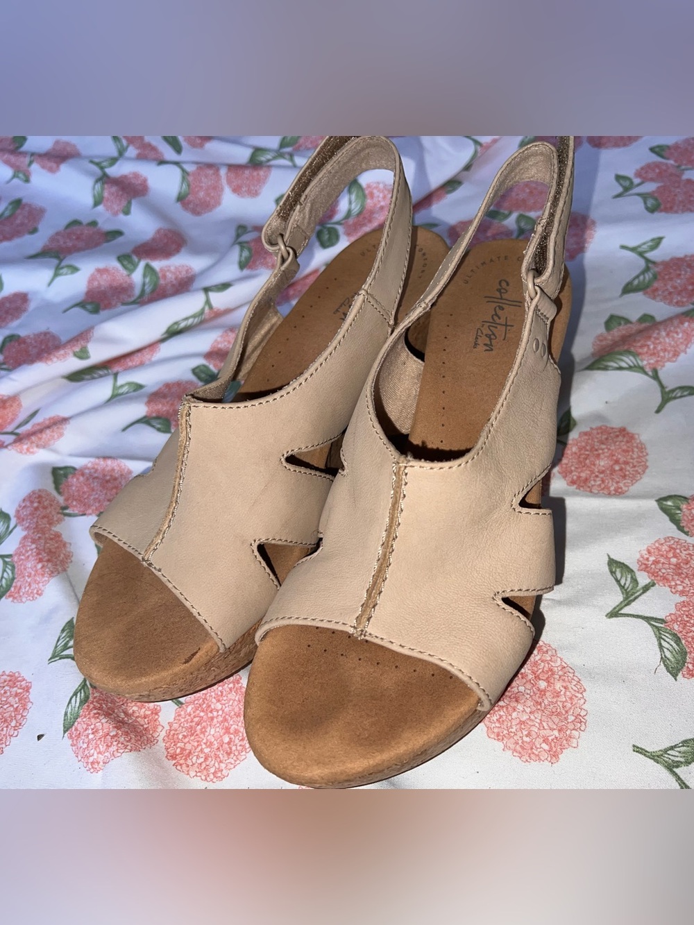 Clarks Beige Open-Toe Slingback Wedge Sandals